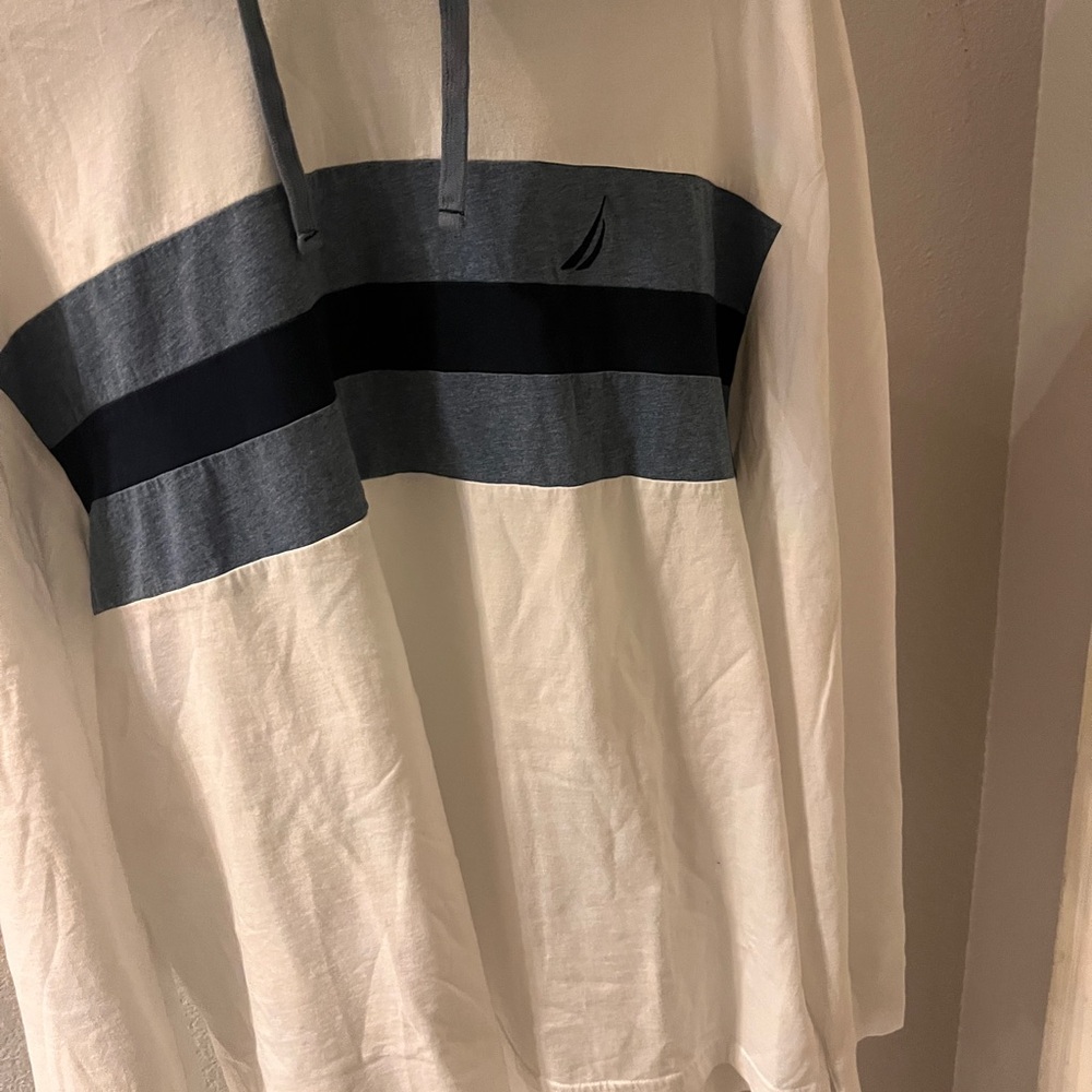 Nautica Men's White Hoodie with Blue Stripes